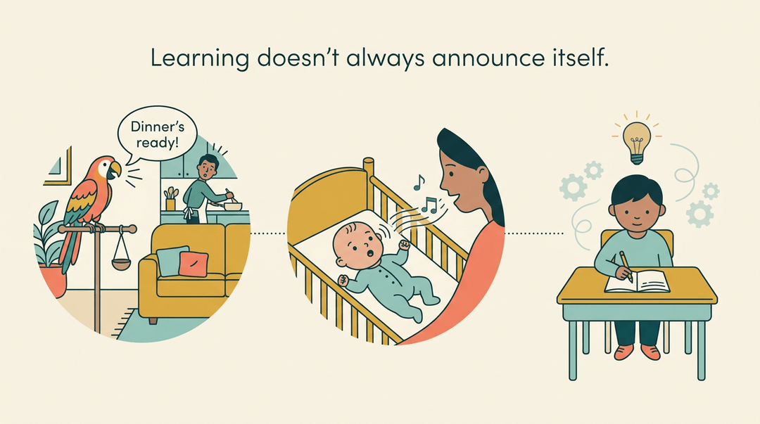 A timeline showing a parrot speaking, a baby listening, and a student thinking, illustrating that learning happens quietly beneath the surface.