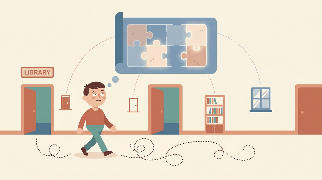 A character wanders a hallway, passively building a mental map as puzzle pieces click together above their head.