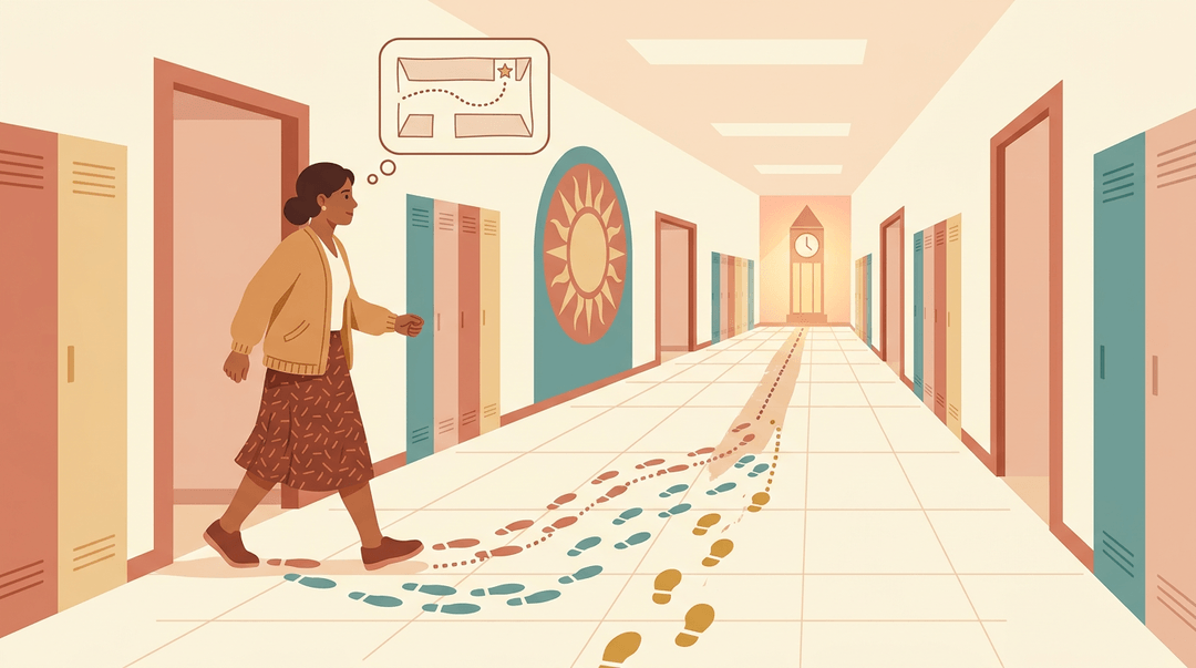 A teacher walks down a school hallway, visualizing its layout in a thought bubble to demonstrate how landmarks build spatial awareness.