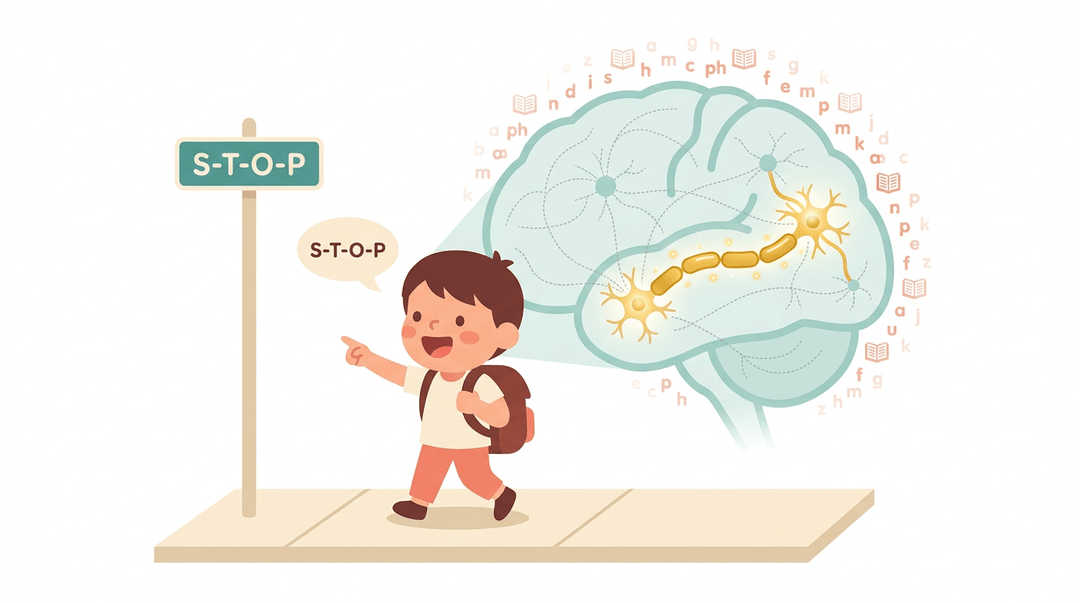 Child points at a sign while a glowing brain path illustrates learning happening beneath the surface.