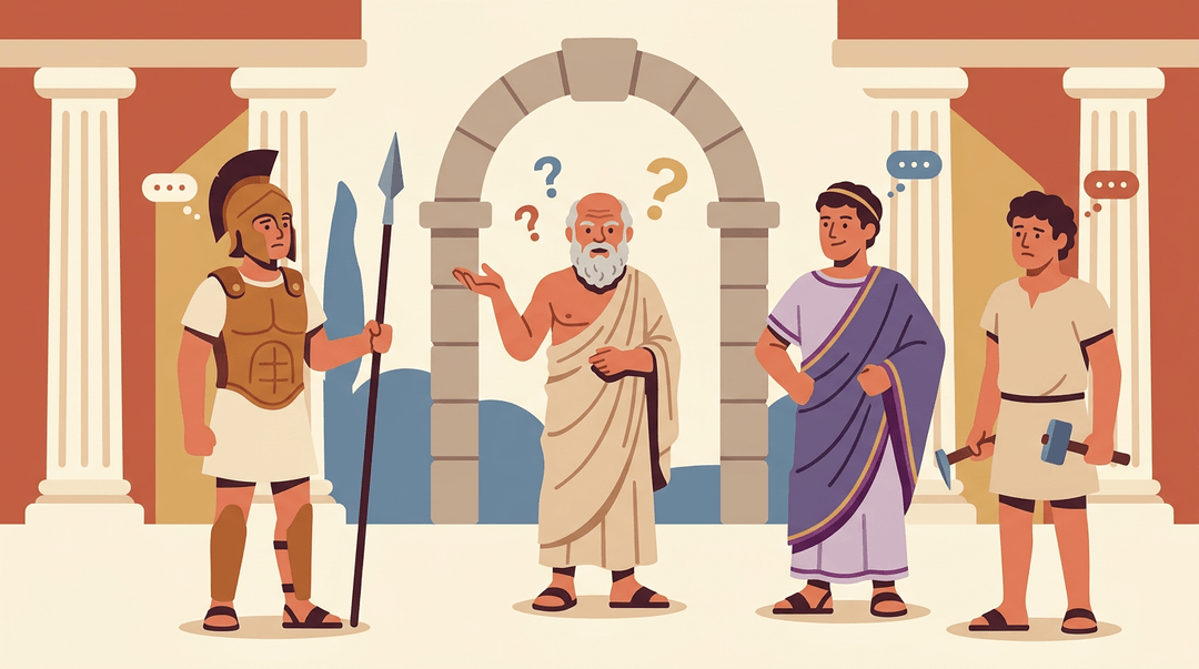 Socrates questions a soldier, politician, and craftsman in an ancient Athenian agora.