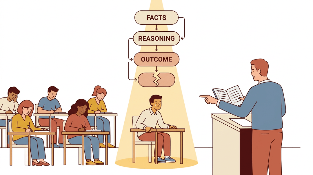 A law student in a spotlight answers questions from a professor while stacked bubbles labeled Facts, Reasoning, and Outcome descend above them.