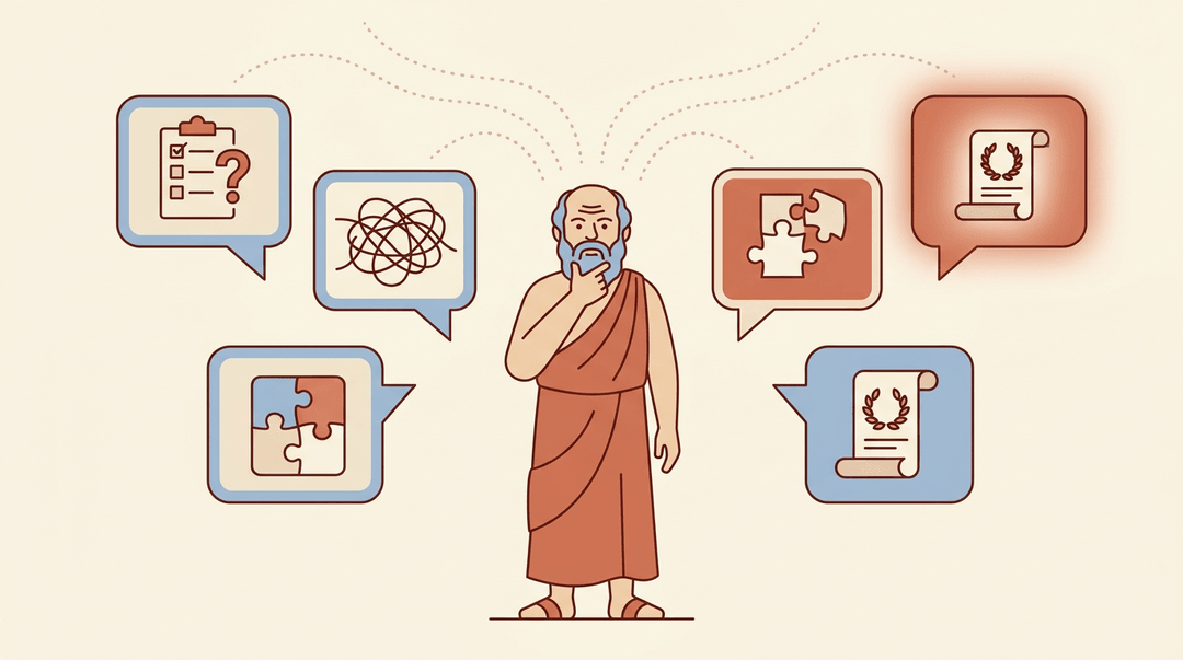 Socrates surrounded by floating frames showing different scholarly interpretations, with one glowing to indicate the most influential view.