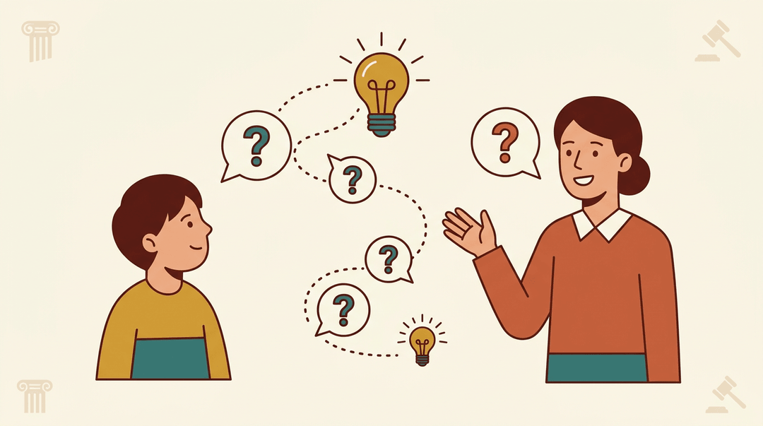 A teacher and student connect via question bubbles to a lightbulb, symbolizing discovery through inquiry rather than direct answers.