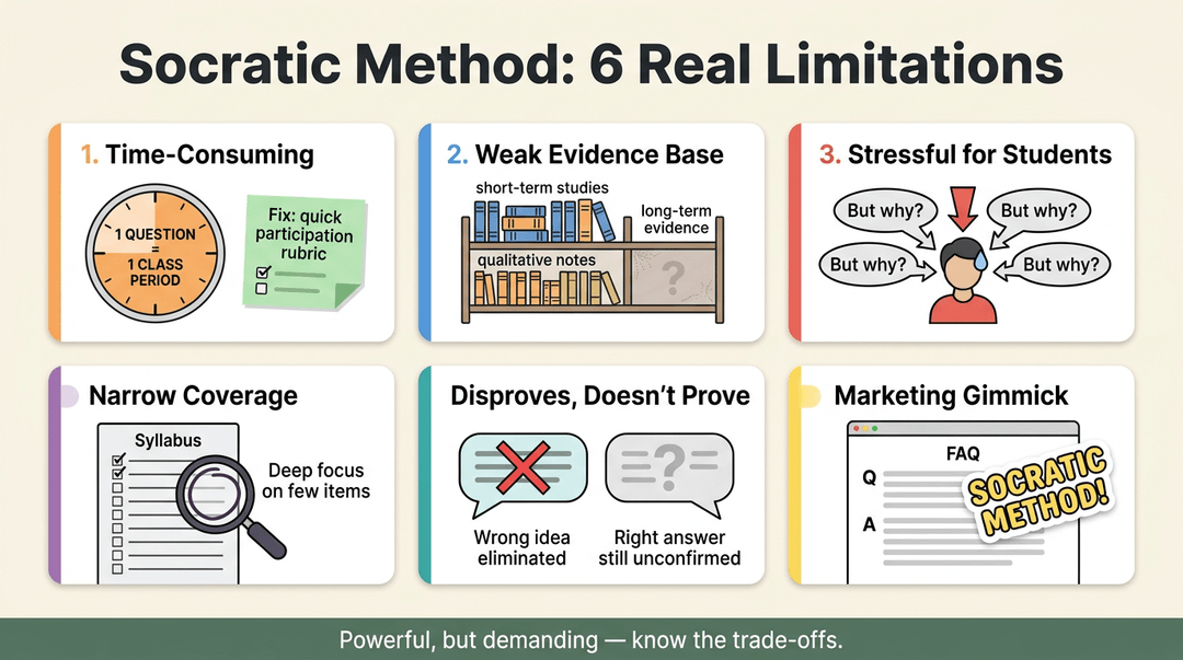 Infographic detailing six limitations of the Socratic method, including time consumption and student stress, with visual explanations for each.