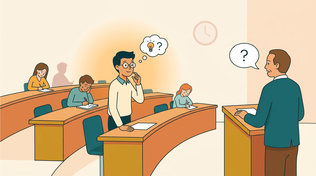 A calm law student stands in a lecture hall, thoughtfully answering a professor's question while others look nervous.