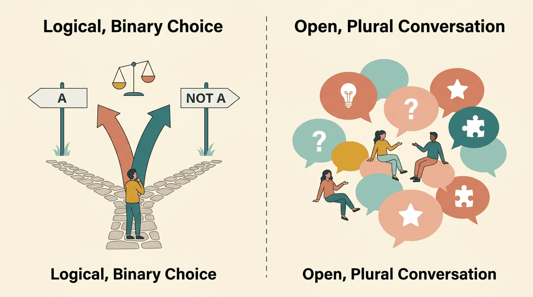 Binary choice with a sharp fork contrasts with an open cluster of diverse ideas and relaxed figures.