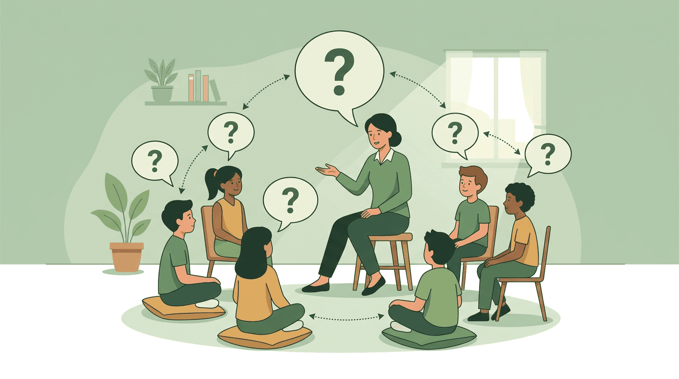 A teacher and students sit in a circle exchanging questions, illustrating guided inquiry through dialogue.