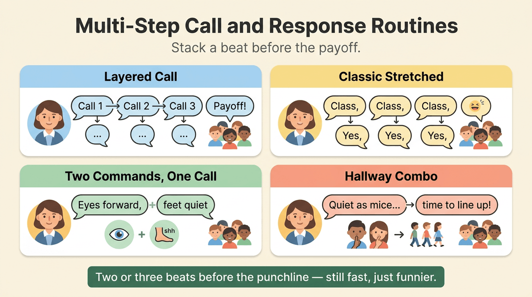 Educational graphic illustrating four multi-step call and response routines for teachers with speech bubbles and icons.