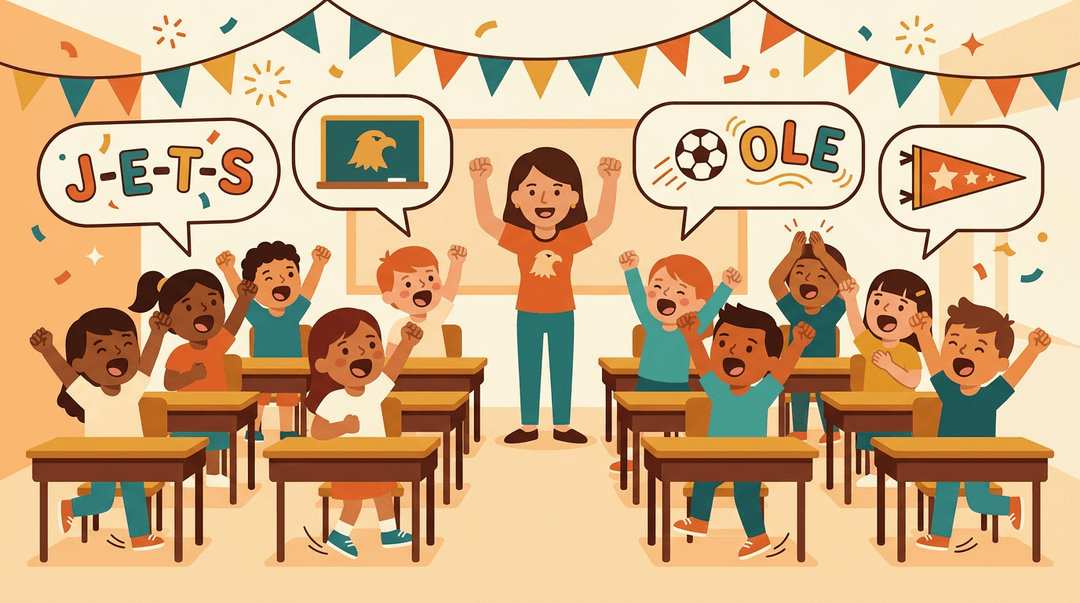 Diverse elementary students and a teacher lead a pep rally chant in a classroom with banners and speech bubbles.