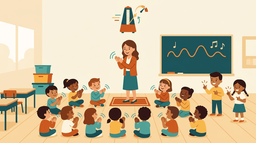 Diverse elementary students clap and snap in unison with their teacher, following a visual rhythm pattern on a chalkboard.