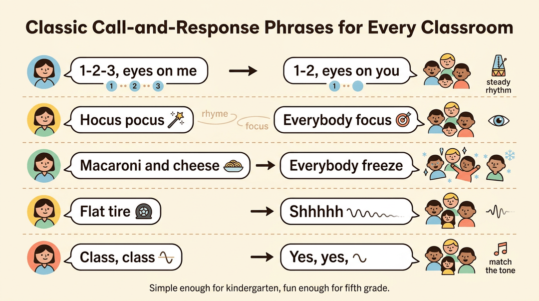 Chart showing five classic classroom call-and-response phrases with teacher and student icons, visual cues, and explanations for each.