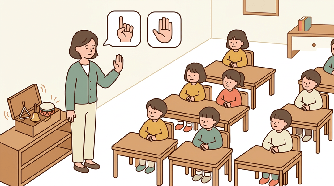 Teacher uses hand signals for bathroom and quiet while instrument box cues students in a calm, minimal classroom.