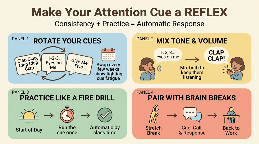 Infographic showing four classroom strategies for making attention cues automatic: rotating cues, mixing tone, daily practice, and pairing with brain breaks.