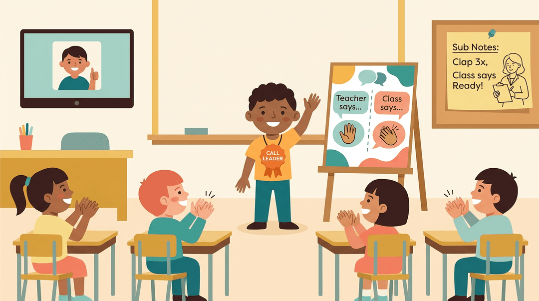 A student in a 'Call Leader' badge leads classmates in clapping, with a routine chart and virtual participation icons visible.