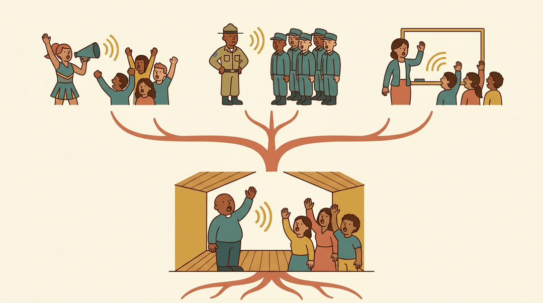 A tree diagram shows call and response in worship, sports, military, and classrooms, linked by golden sound waves.