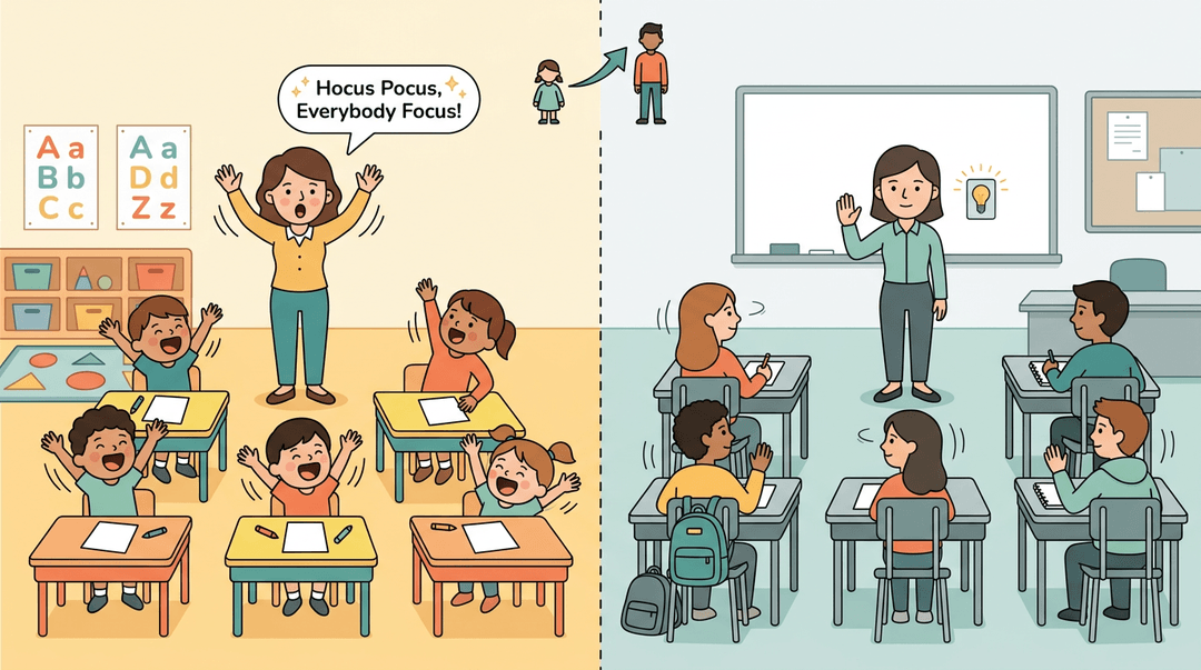 Split illustration showing a playful kindergarten chant on the left and quiet nonverbal cues in high school on the right.