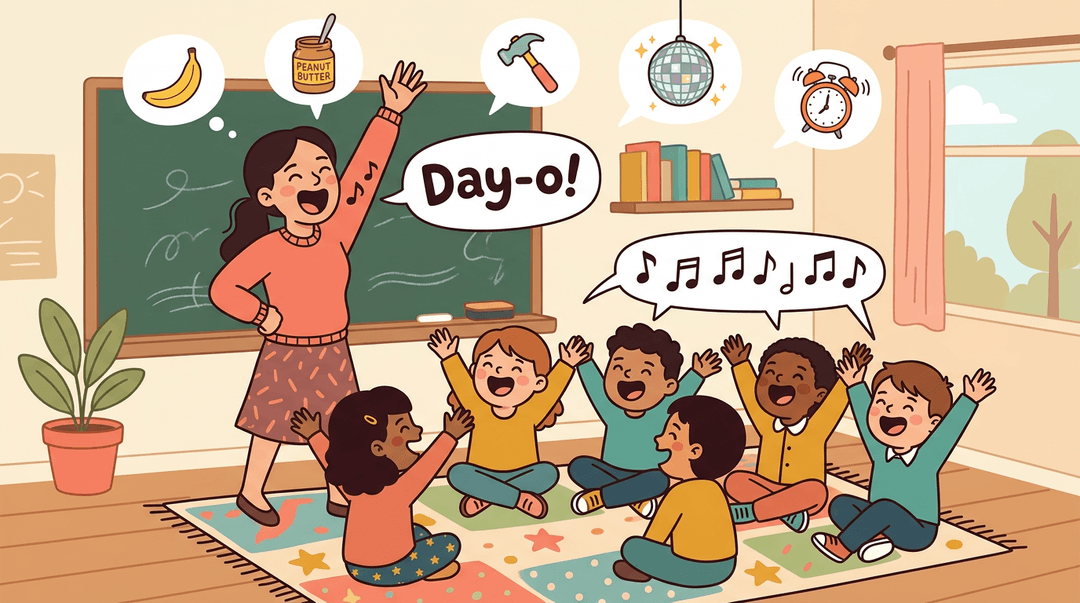 Teacher and students sing Day-o with raised arms, surrounded by floating icons of a banana, peanut butter, hammer, disco ball, and clock.