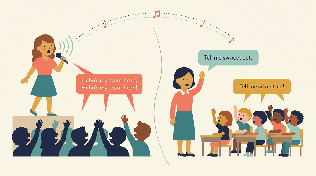 A teacher and students echo a phrase in class, mirroring a singer and crowd at a concert, connected by a rhythmic dotted line.