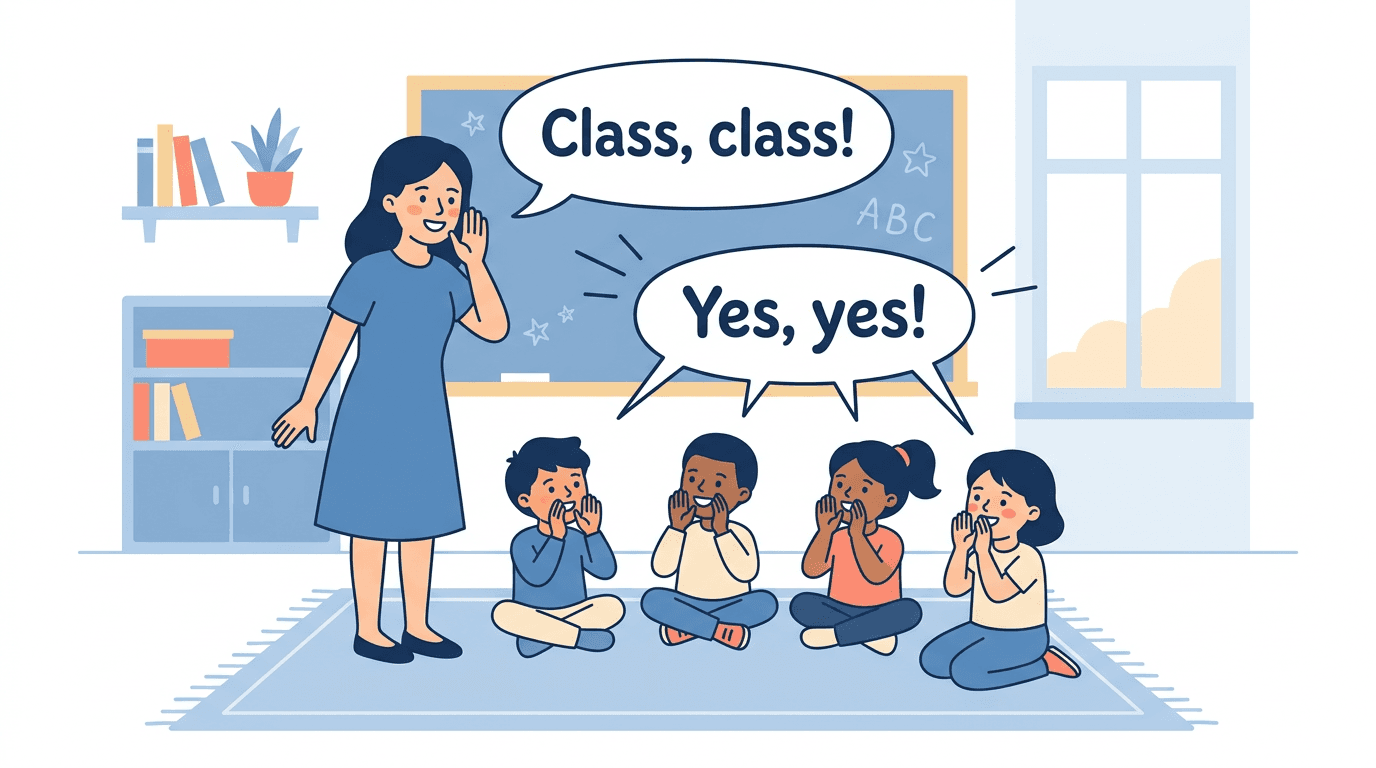 A teacher calls "Class, class!" and five students echo "Yes, yes!" in a calm, blue-toned classroom.