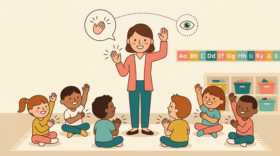 Teacher uses clapping and raised hand to cue students to stop and listen, combining sound and visual signals.