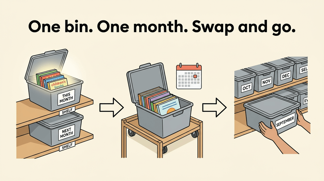 A flow diagram showing a monthly book rotation: