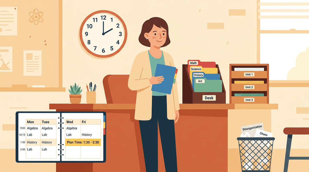 A cheerful teacher stands at a tidy desk with color-coded folders, a planner, and neatly sorted lesson materials.