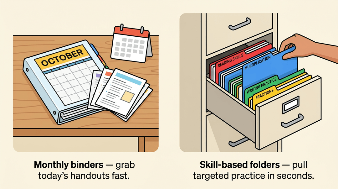 Two classroom organization methods: monthly binders with fanned-out handouts and a color-coded skill-based filing cabinet.