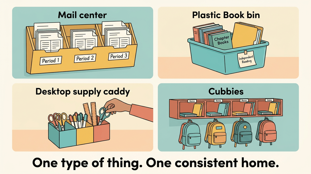 Four illustrations in a grid show organized classroom storage: a mail center, book bin, supply caddy, and cubbies.