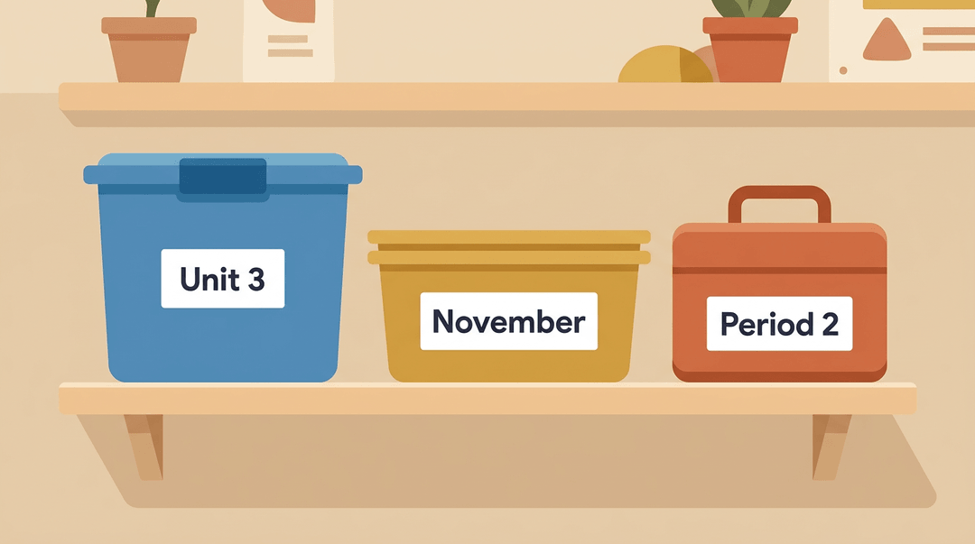A neat shelf in a classroom with labeled storage containers: a large bin for