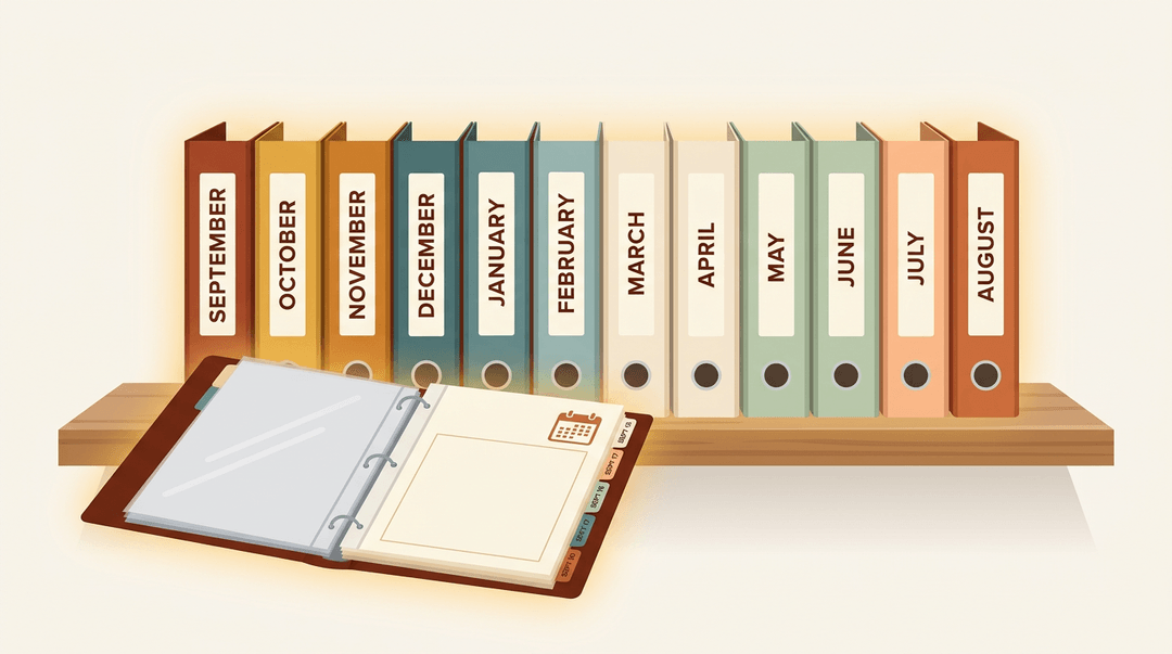 Twelve binders labeled with months from September to August line a shelf, one open to a calendar and neatly filed worksheets.