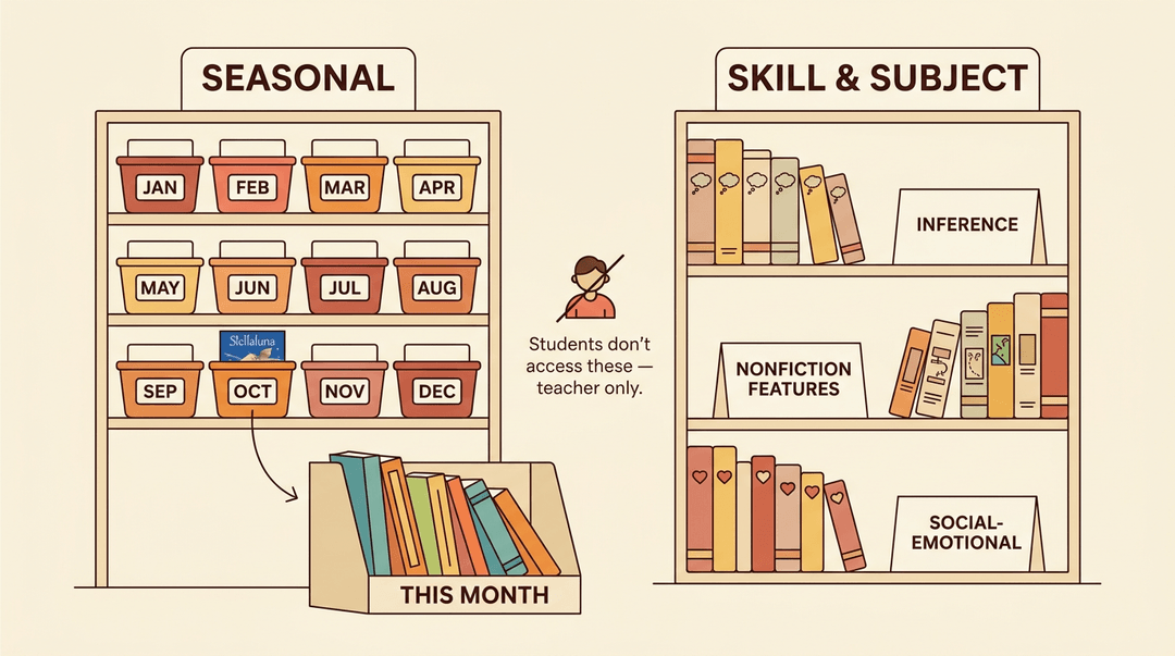 Educational graphic showing two teacher book organization systems: seasonal books by month and skill/subject-based books.