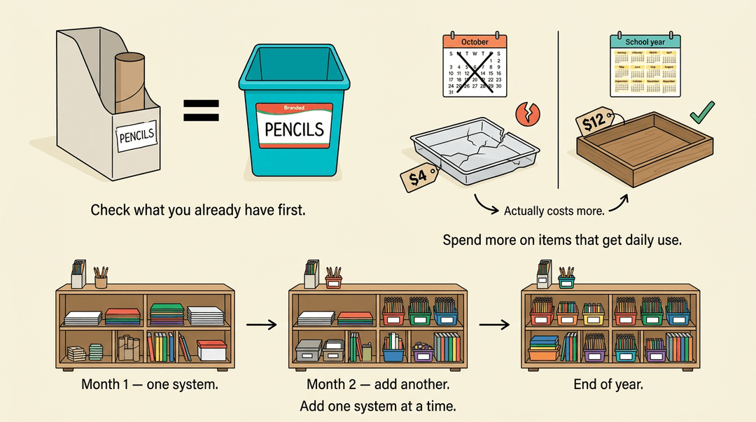 Three budgeting principles for teachers: check what you have, spend more on daily-use items, and add one system at a time.