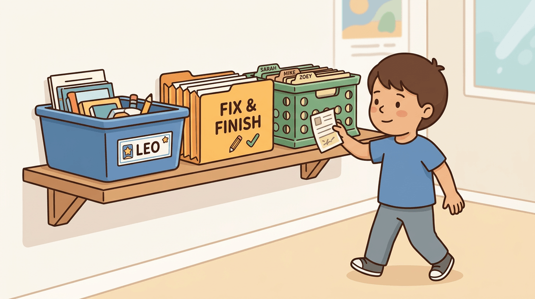 A student independently places a paper into a labeled bin on a classroom shelf, promoting self-management.