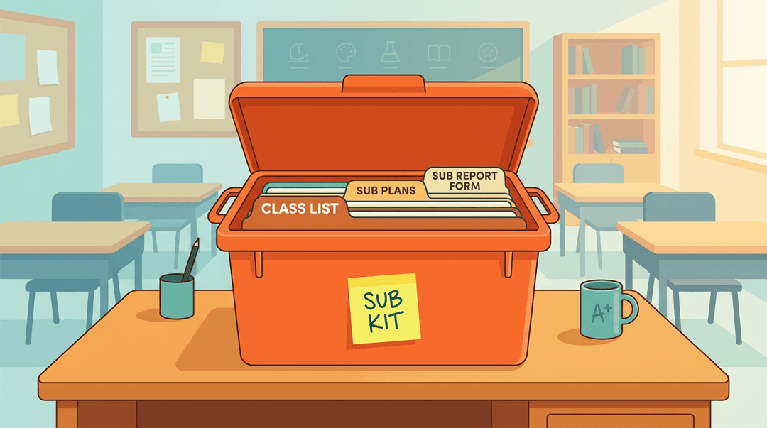 An open orange storage tub on a teacher's desk contains labeled folders for class lists, sub plans, and sub reports.