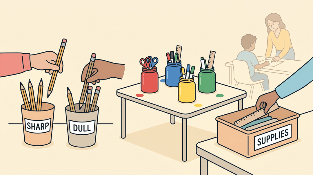 A clean, modern illustration shows students independently managing classroom supplies, with labeled pencil cups and color-coded jars.