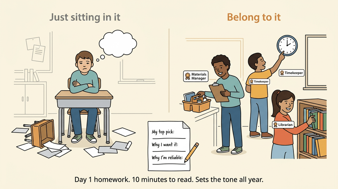 Two side-by-side illustrations contrast a bored, passive student in a messy classroom with three engaged students performing classroom jobs in a tidy room.
