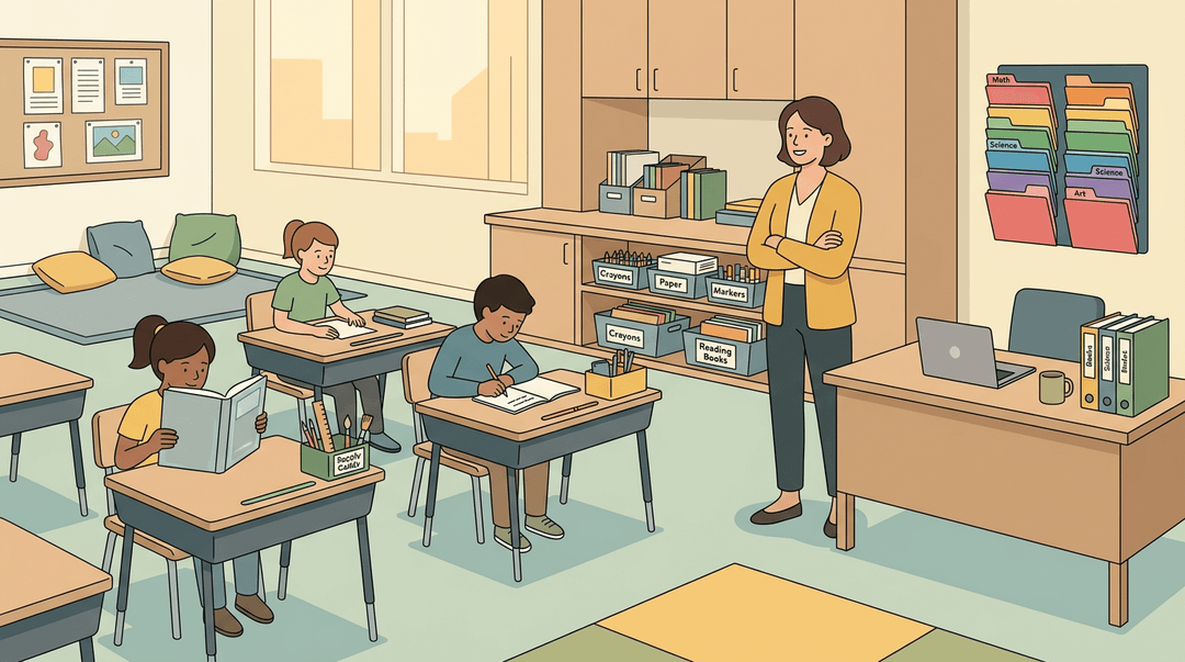 A calm, organized elementary classroom with a smiling teacher and focused students engaged in quiet work at their desks.