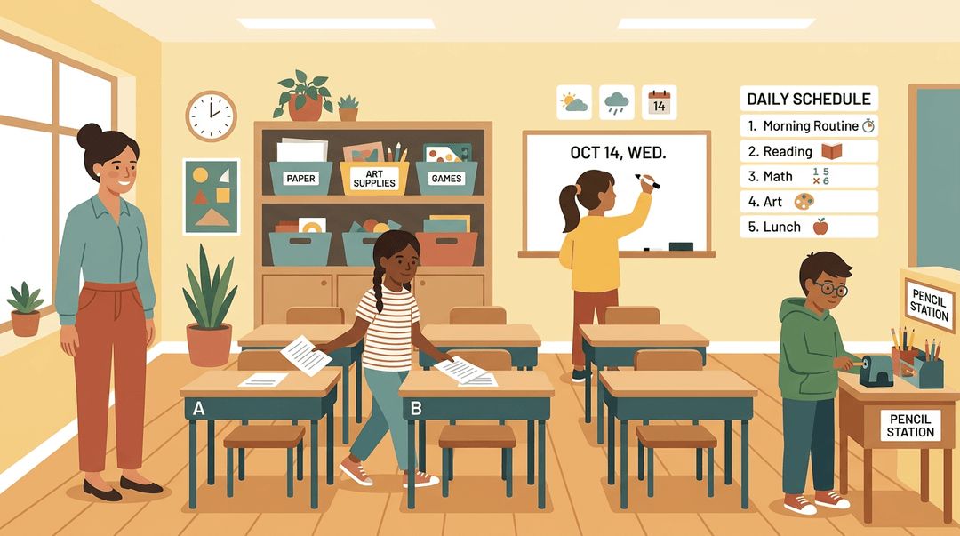 Three elementary students confidently perform classroom routines while their teacher observes with a quiet smile.