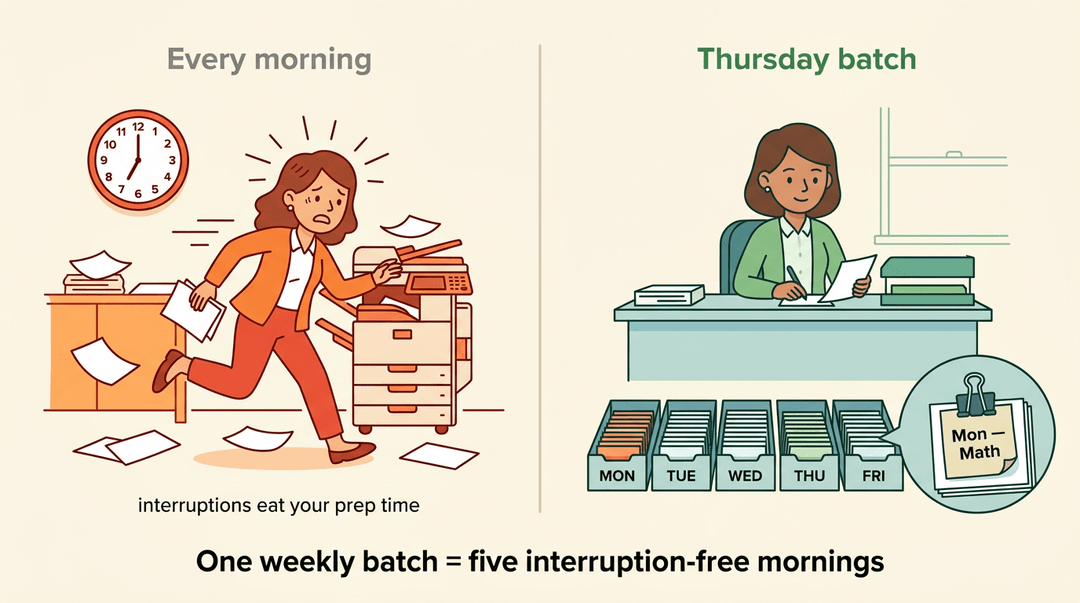 A frazzled teacher struggling with morning copies contrasts with a calm teacher batch-prepping for the week.
