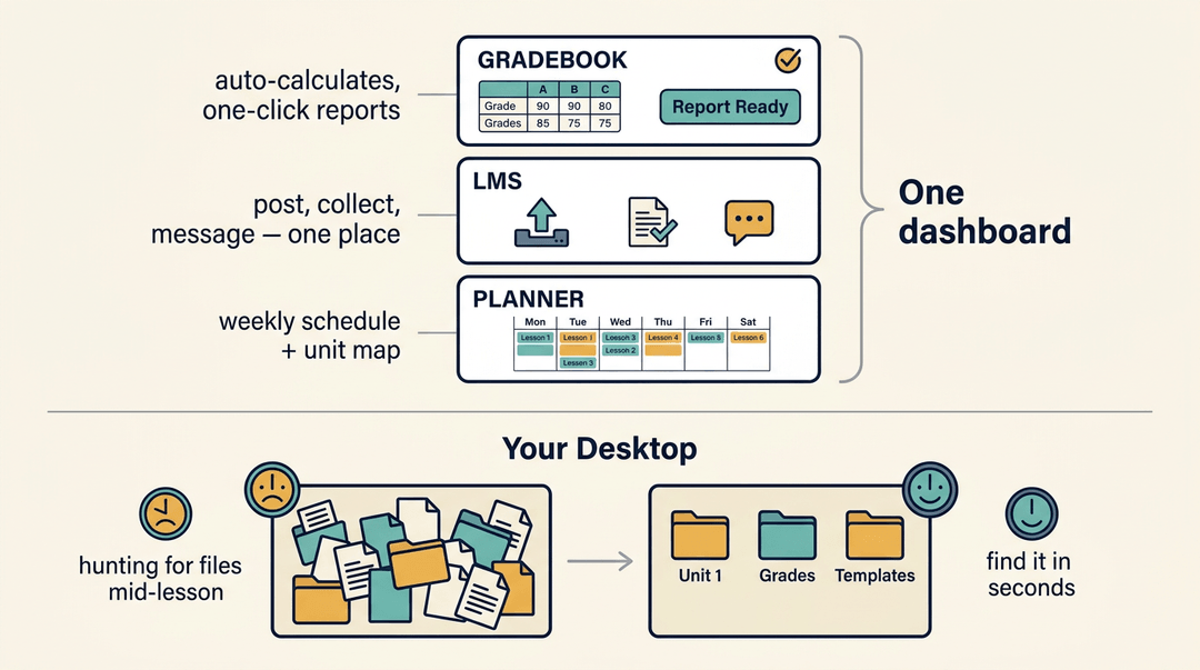 A dashboard with gradebook, LMS, and planner sections, contrasting a chaotic digital desktop with an organized one.