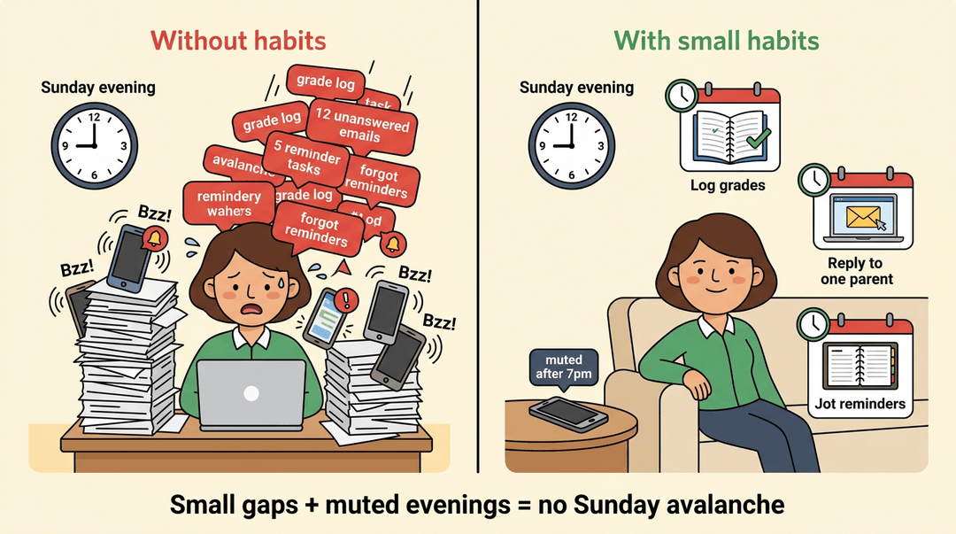 A two-panel cartoon comparing a teacher overwhelmed by tasks (