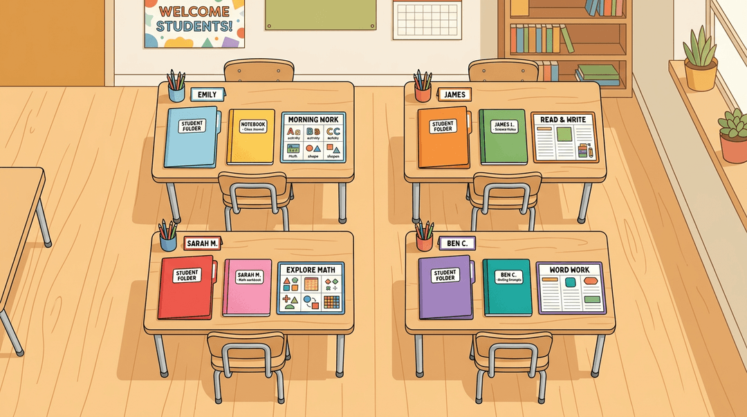 Four empty student desks with neatly organized folders, notebooks, and activity mats, seen from above.