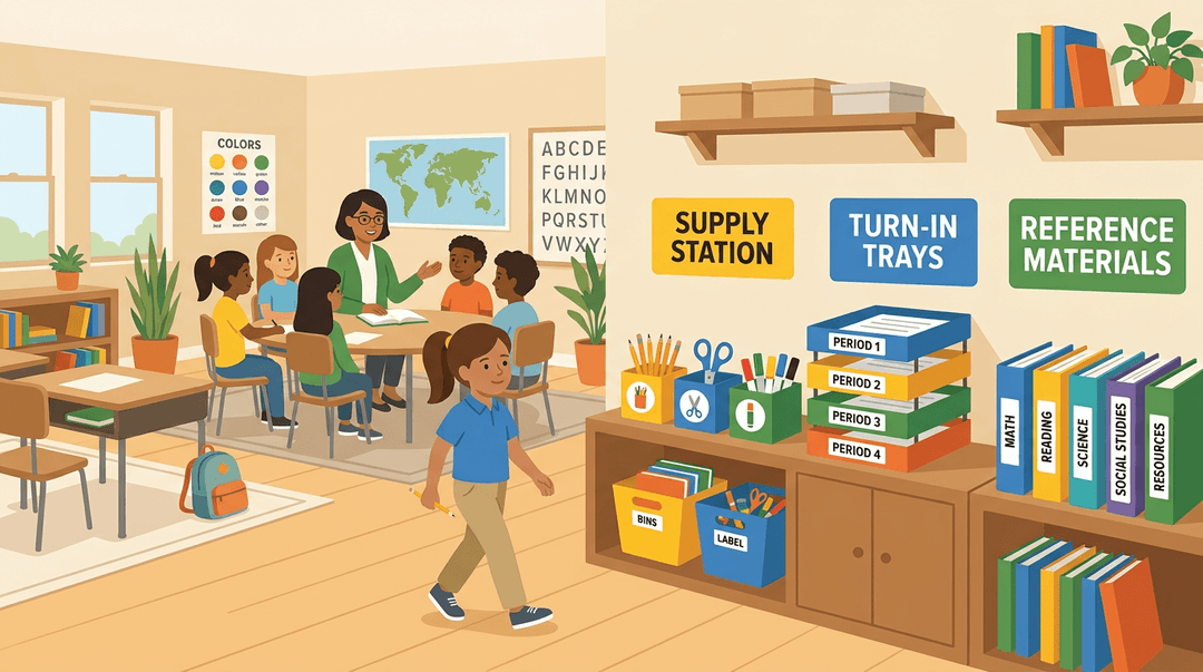 A brightly-colored, organized elementary classroom shows labeled stations for supplies, turn-in trays, and reference materials. A student confidently uses a supply station while the teacher leads a small group.