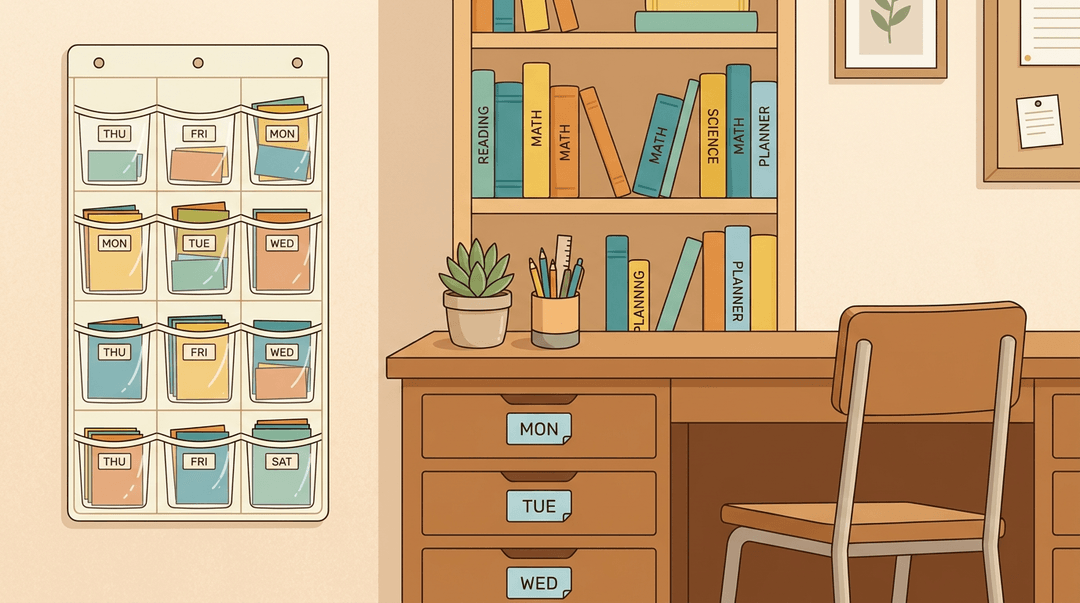 A neatly organized teacher's desk, shoe organizer, and bookcase, all labeled by day of the week.