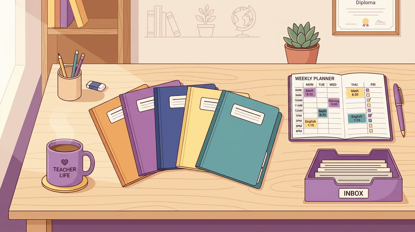A neatly organized teacher's desk with color-coded folders, a planner, an inbox, and a coffee mug.