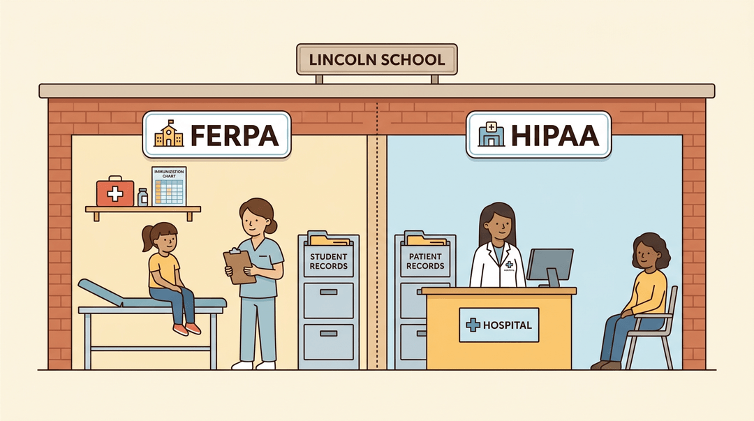 A diagram showing a school split into a nurse's office under FERPA rules and a clinic under HIPAA rules.
