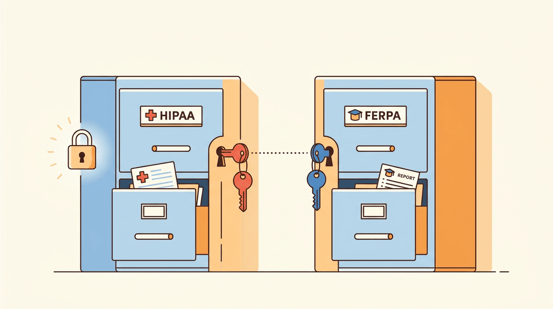 Two locked filing cabinets, one for HIPAA and one for FERPA, show that different keys protect different student records.