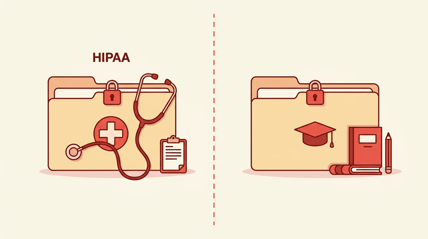 HIPAA and FERPA folders side by side, showing healthcare and education records privacy with padlocks and icons.