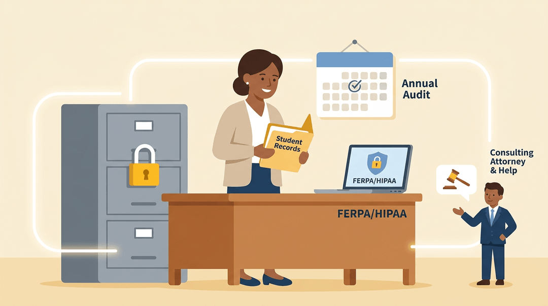 A teacher reviews student records in a secure office with locked files and FERPA symbols, symbolizing compliant data management.